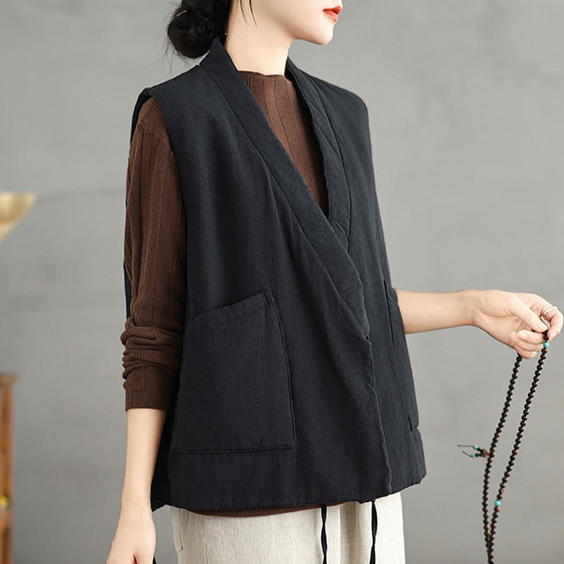 Buddha Stones Plain Lace-up Women's Sleeveless Cotton Vest Waistcoat With Pockets
