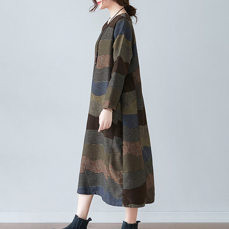 Buddha Stones Ethnic Printing Striped Pattern Long Sleeve Cotton Linen Midi Dress With Pockets