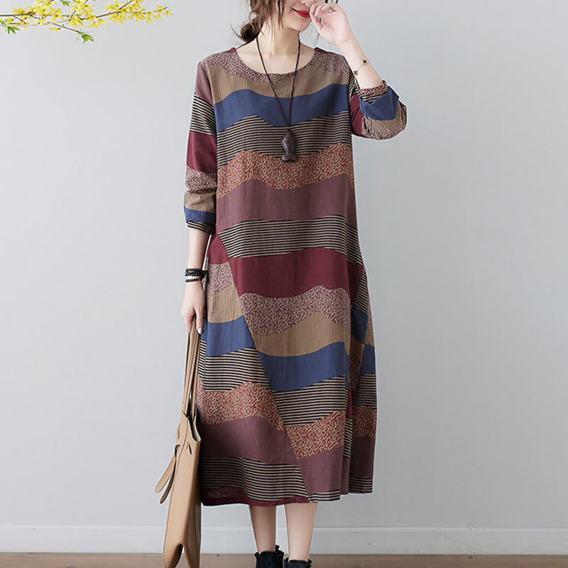 Buddha Stones Ethnic Printing Striped Pattern Long Sleeve Cotton Linen Midi Dress With Pockets