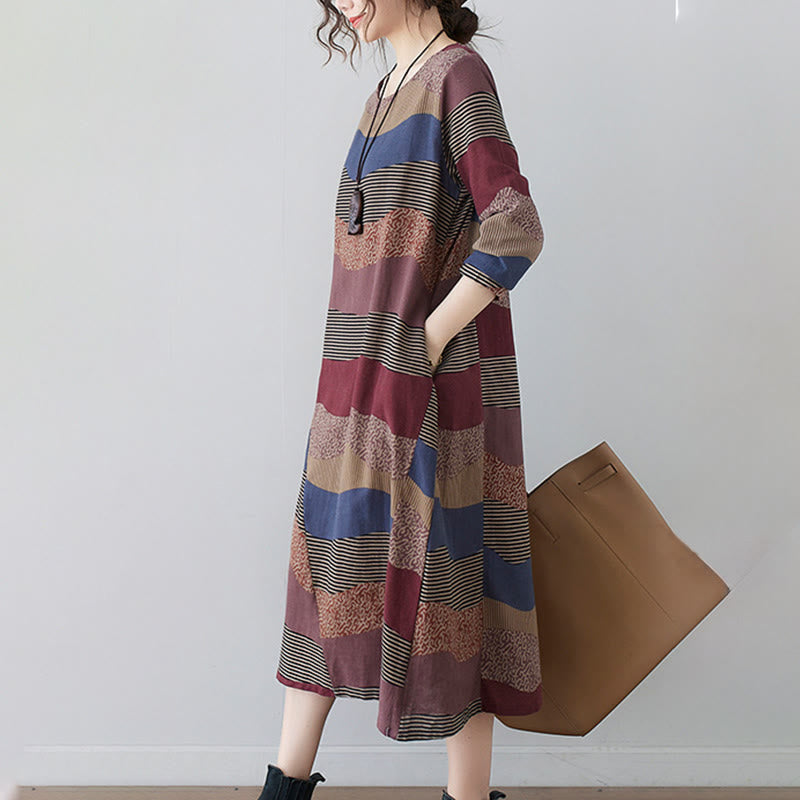 Buddha Stones Ethnic Printing Striped Pattern Long Sleeve Cotton Linen Midi Dress With Pockets
