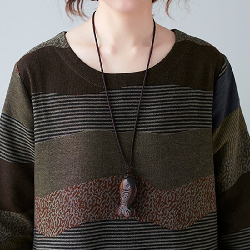 Buddha Stones Ethnic Printing Striped Pattern Long Sleeve Cotton Linen Midi Dress With Pockets