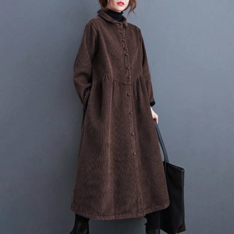 Buddha Stones Plain Buttons Long Sleeve Women's Cotton Corduroy Fleece-Lined Coat With Pockets