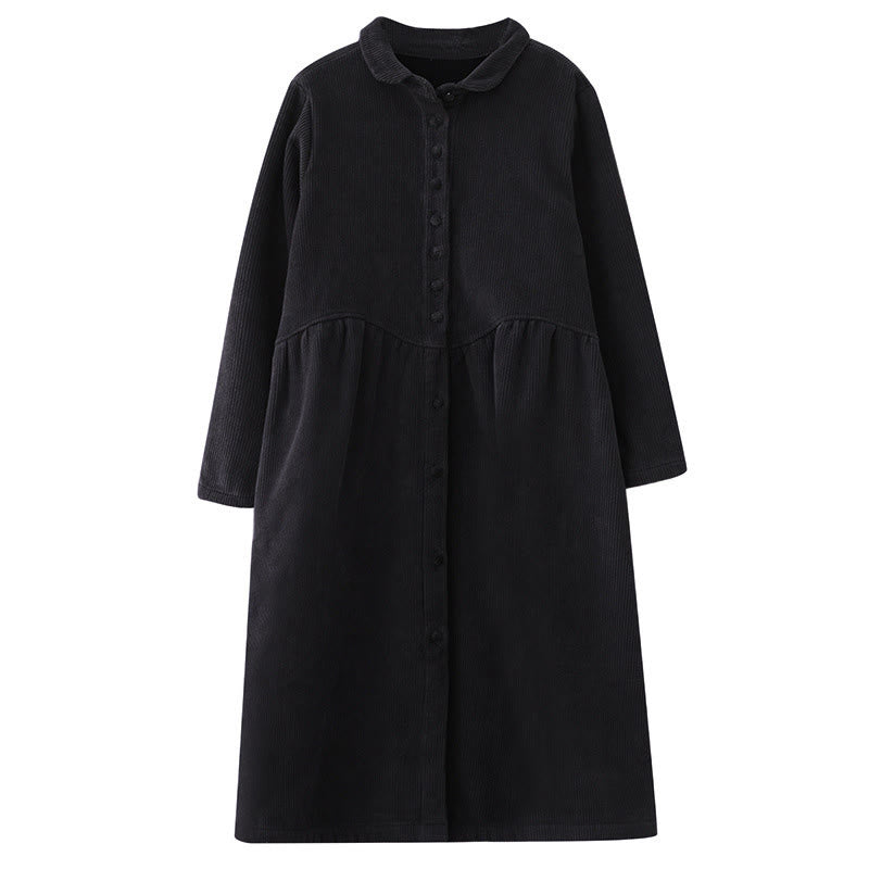 Buddha Stones Plain Buttons Long Sleeve Women's Cotton Corduroy Fleece-Lined Coat With Pockets