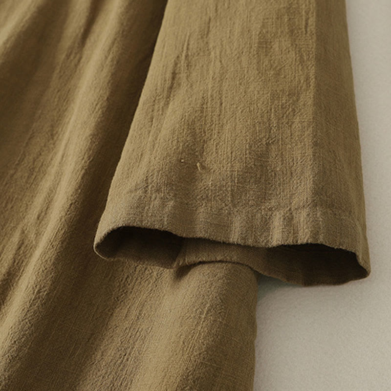 Buddha Stones Vintage Plain Frog Buttons Asymmetrical Design Long Sleeve Cotton Linen Midi Dress