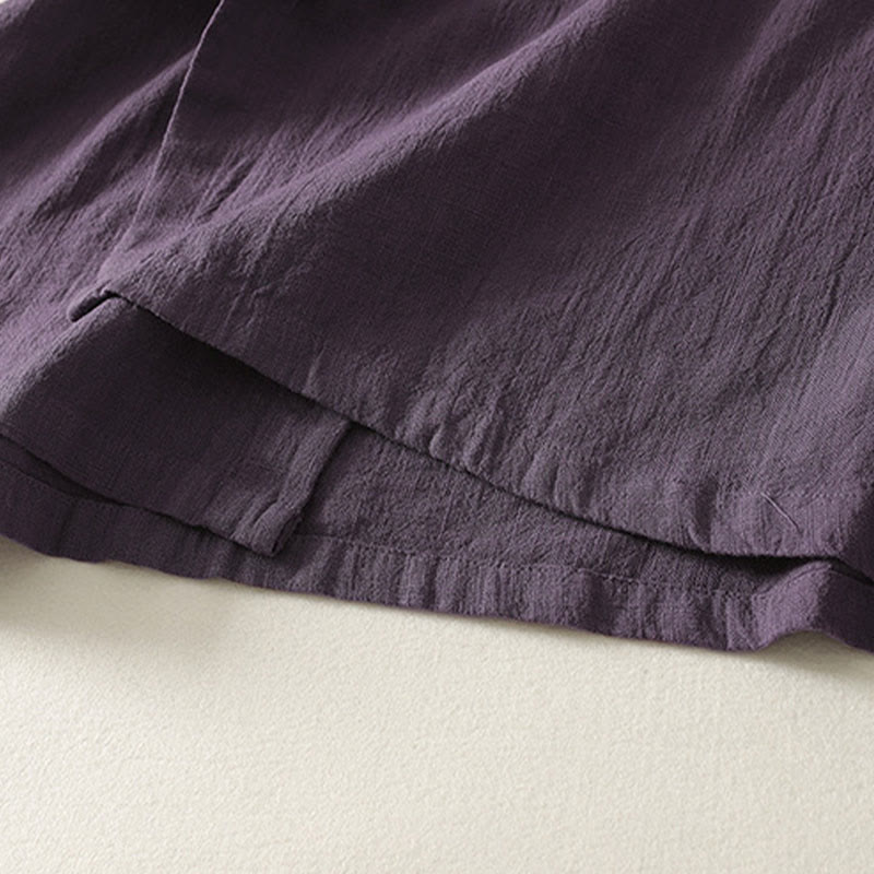 Buddha Stones Vintage Plain Frog Buttons Asymmetrical Design Long Sleeve Cotton Linen Midi Dress