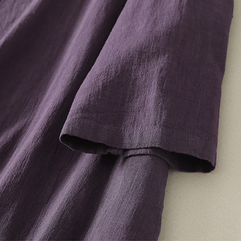 Buddha Stones Vintage Plain Frog Buttons Asymmetrical Design Long Sleeve Cotton Linen Midi Dress