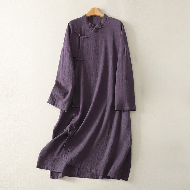 Buddha Stones Vintage Plain Frog Buttons Asymmetrical Design Long Sleeve Cotton Linen Midi Dress