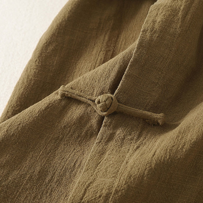 Buddha Stones Vintage Plain Frog Buttons Asymmetrical Design Long Sleeve Cotton Linen Midi Dress