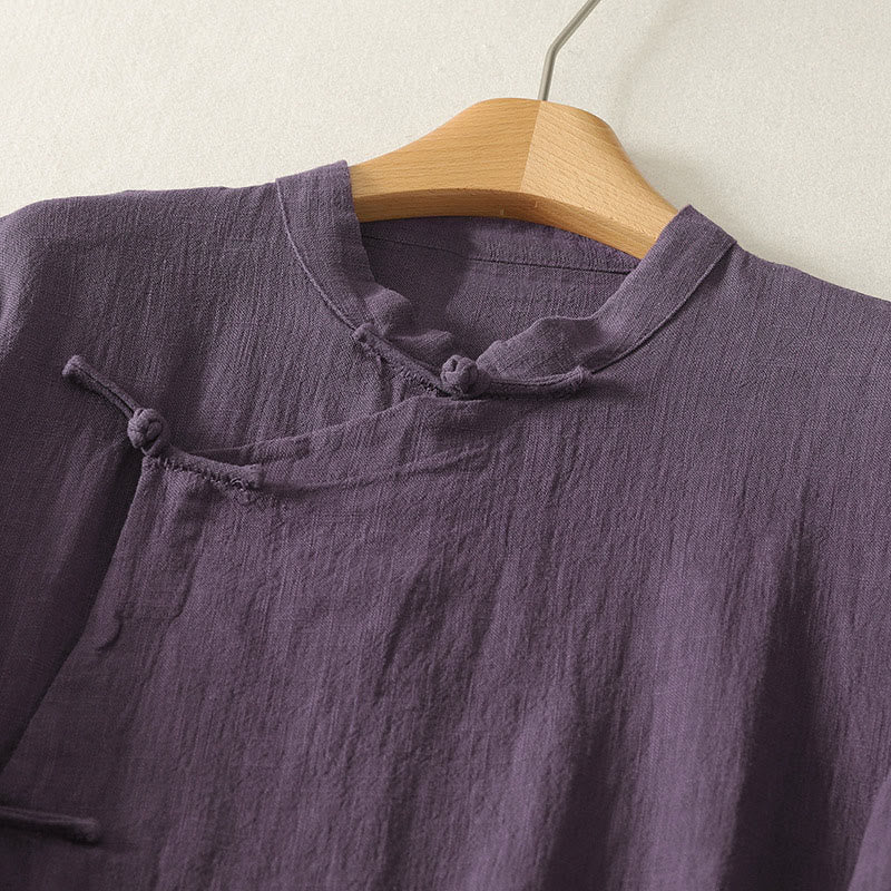 Buddha Stones Vintage Plain Frog Buttons Asymmetrical Design Long Sleeve Cotton Linen Midi Dress