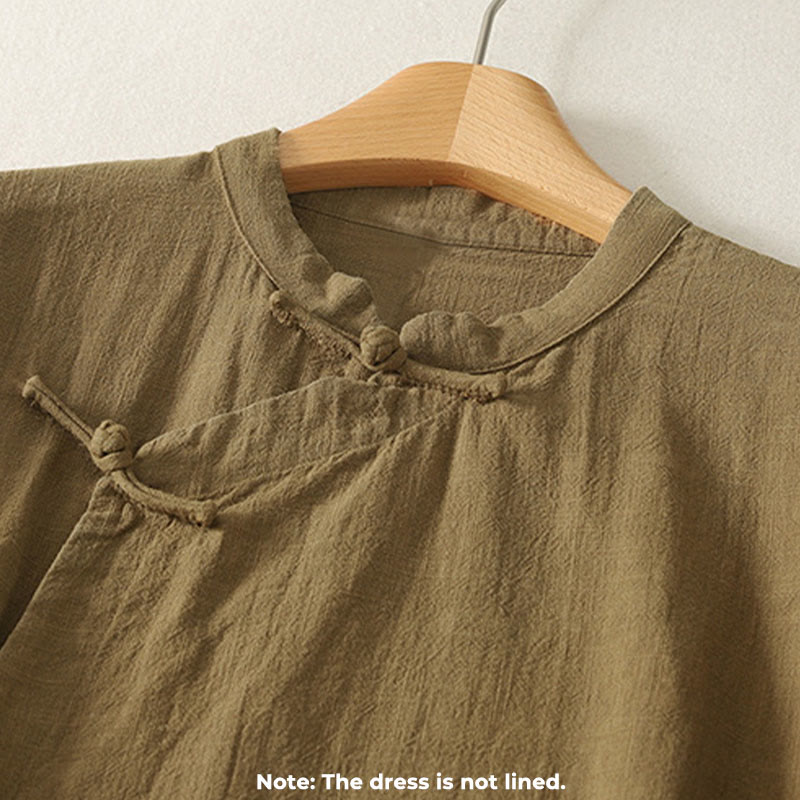 Buddha Stones Vintage Plain Frog Buttons Asymmetrical Design Long Sleeve Cotton Linen Midi Dress