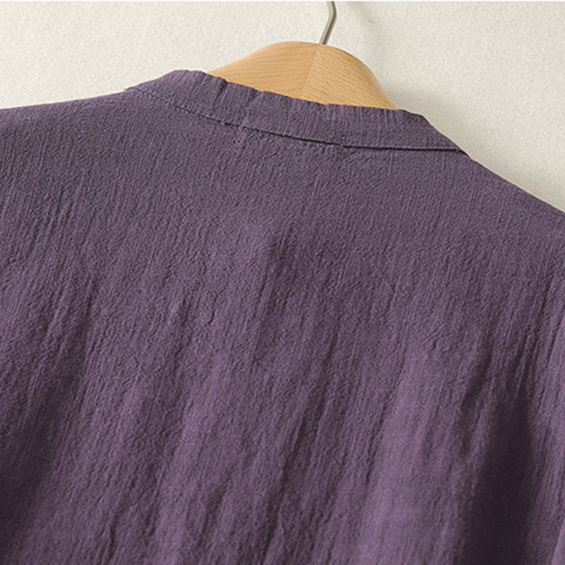 Buddha Stones Vintage Plain Frog Buttons Asymmetrical Design Long Sleeve Cotton Linen Midi Dress