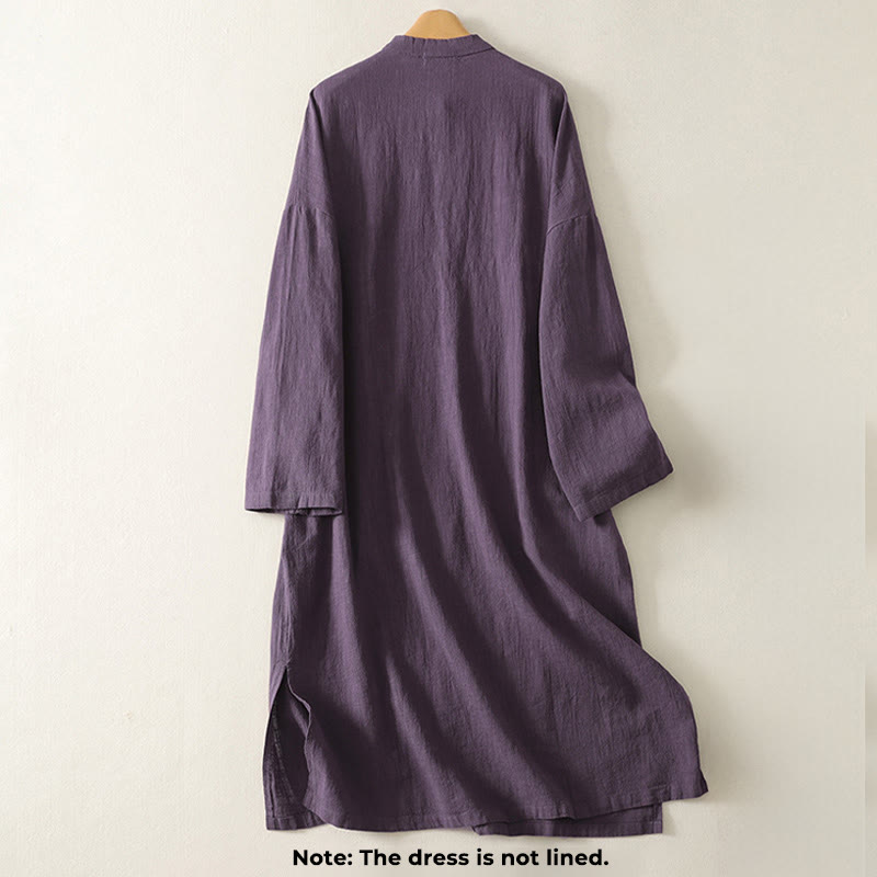Buddha Stones Vintage Plain Frog Buttons Asymmetrical Design Long Sleeve Cotton Linen Midi Dress