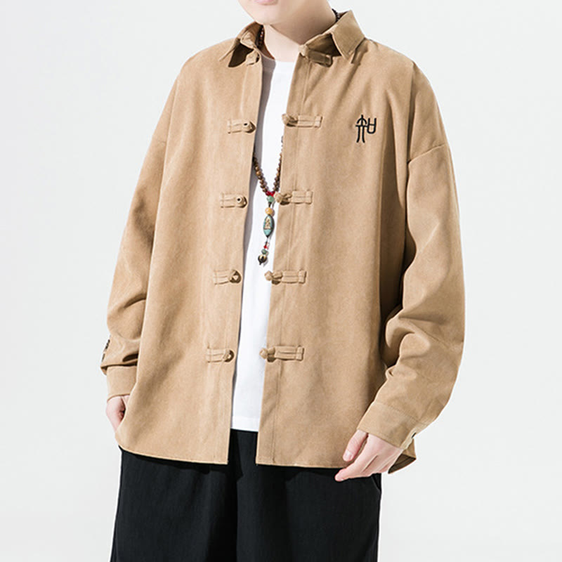 Buddha Stones Embroidery Chinese Frog-Button Design Tang Suit Men's Cotton Long Sleeve Jacket Shirt
