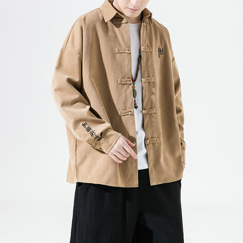 Buddha Stones Embroidery Chinese Frog-Button Design Tang Suit Men's Cotton Long Sleeve Jacket Shirt