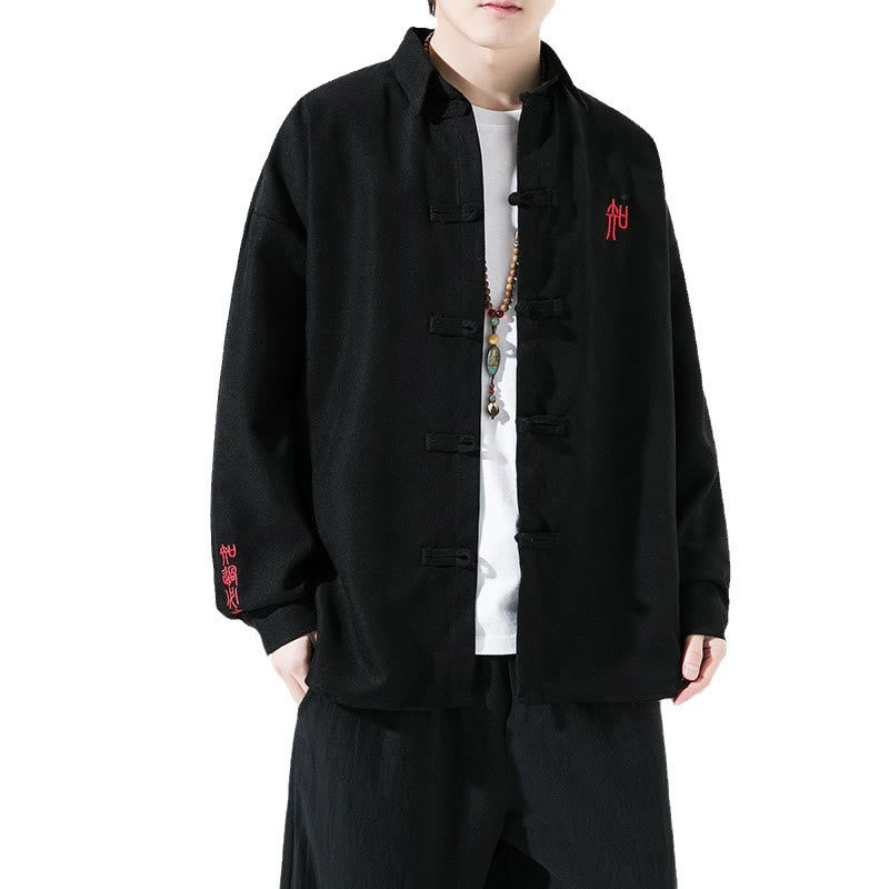 Buddha Stones Embroidery Chinese Frog-Button Design Tang Suit Men's Cotton Long Sleeve Jacket Shirt