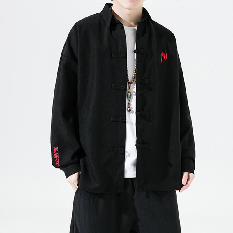 Buddha Stones Embroidery Chinese Frog-Button Design Tang Suit Men's Cotton Long Sleeve Jacket Shirt