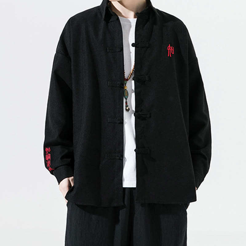 Buddha Stones Embroidery Chinese Frog-Button Design Tang Suit Men's Cotton Long Sleeve Jacket Shirt