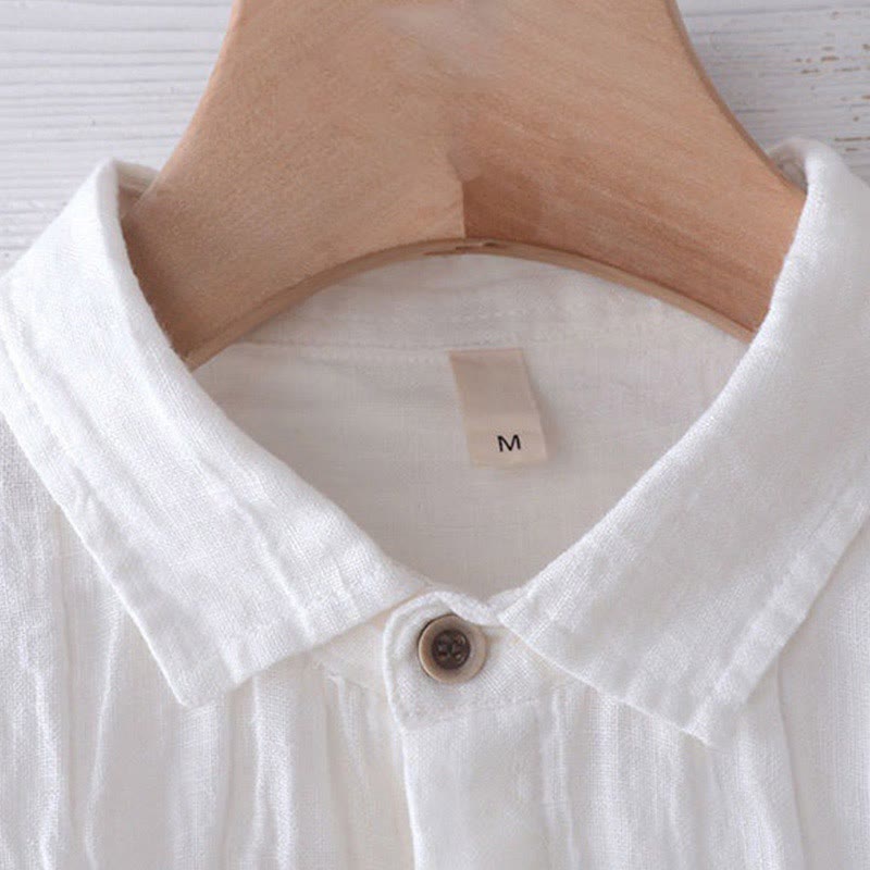 Buddha Stones Men's Shirt Solid Color Lapel Top Long Sleeve Comfy Button Crease Cotton Linen Shirt