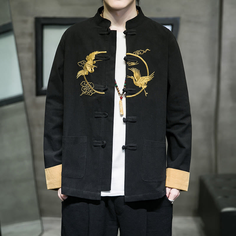 Buddha Stones Embroidered Cranes Auspicious Clouds Frog-Button Long Sleeve Cotton Linen Men's Shirt