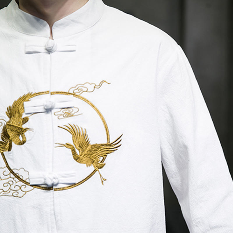 Buddha Stones Embroidered Cranes Auspicious Clouds Frog-Button Long Sleeve Cotton Linen Men's Shirt
