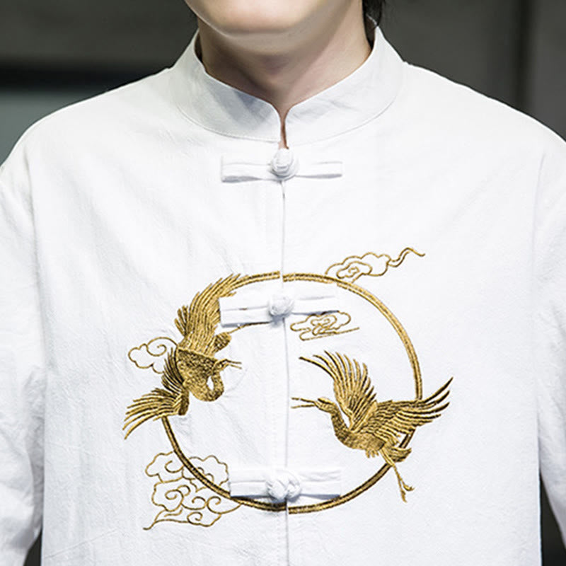 Buddha Stones Embroidered Cranes Auspicious Clouds Frog-Button Long Sleeve Cotton Linen Men's Shirt