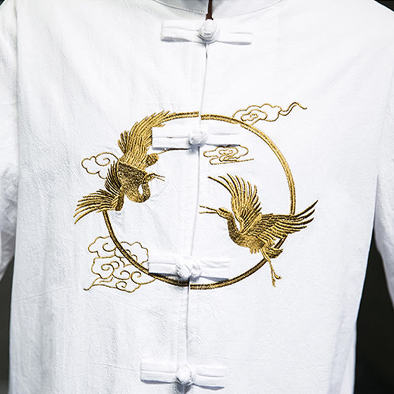 Buddha Stones Embroidered Cranes Auspicious Clouds Frog-Button Long Sleeve Cotton Linen Men's Shirt