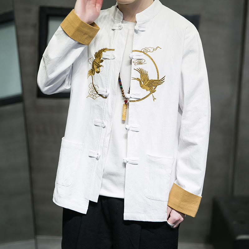 Buddha Stones Embroidered Cranes Auspicious Clouds Frog-Button Long Sleeve Cotton Linen Men's Shirt