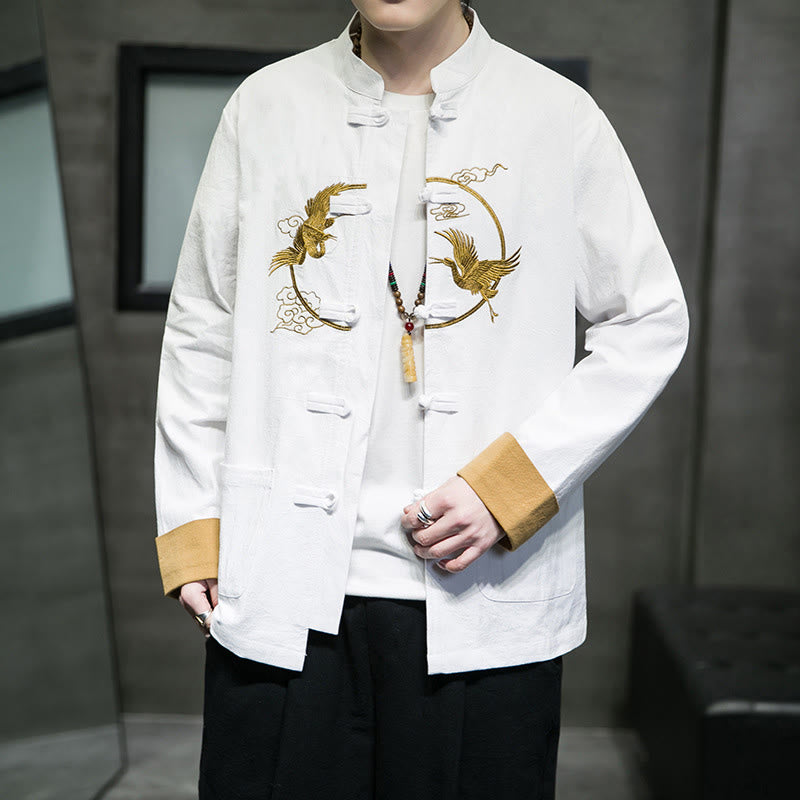 Buddha Stones Embroidered Cranes Auspicious Clouds Frog-Button Long Sleeve Cotton Linen Men's Shirt