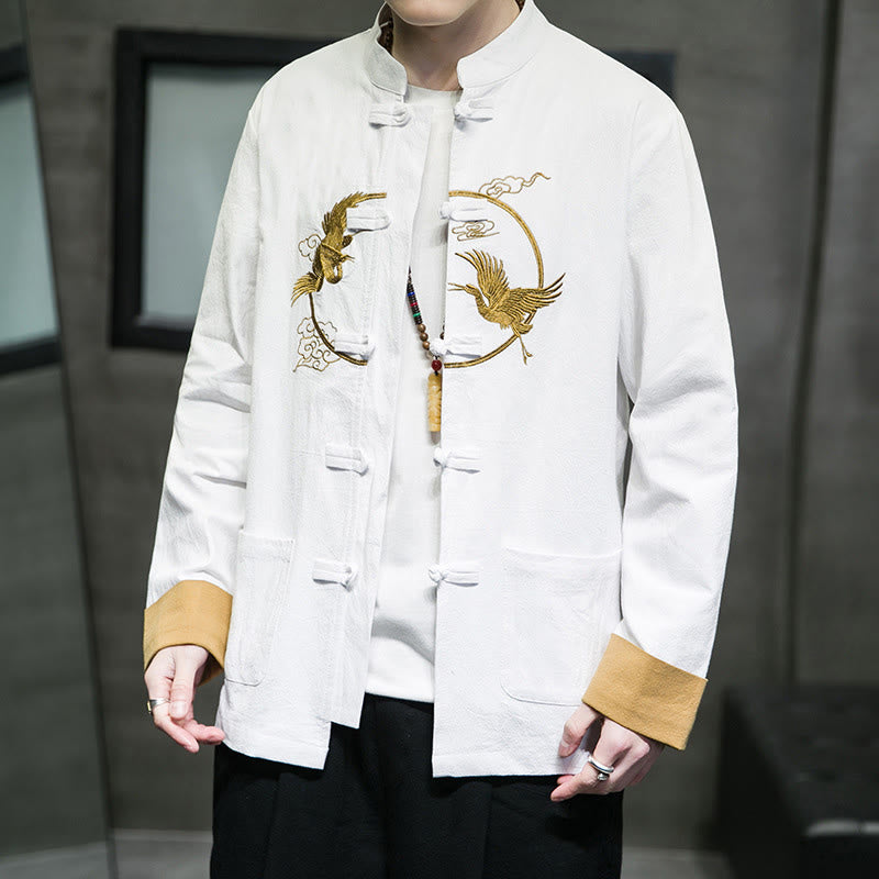 Buddha Stones Embroidered Cranes Auspicious Clouds Frog-Button Long Sleeve Cotton Linen Men's Shirt