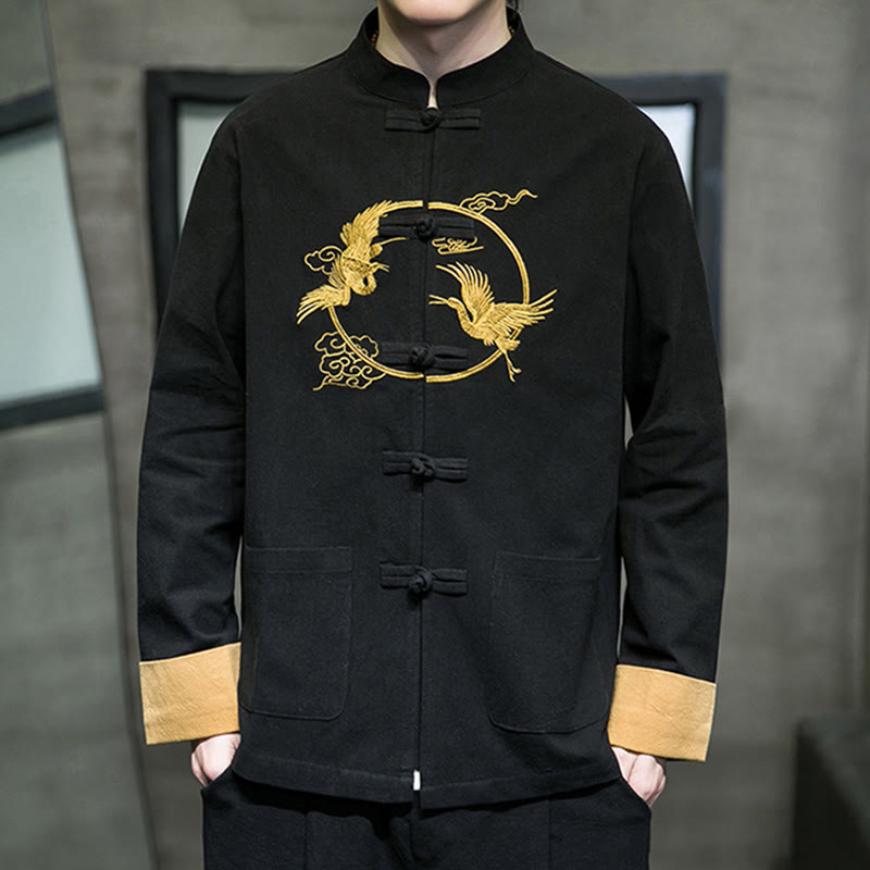 Buddha Stones Embroidered Cranes Auspicious Clouds Frog-Button Long Sleeve Cotton Linen Men's Shirt