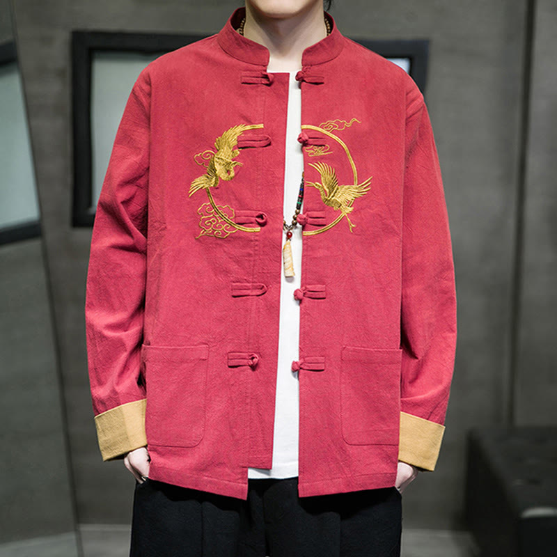 Buddha Stones Embroidered Cranes Auspicious Clouds Frog-Button Long Sleeve Cotton Linen Men's Shirt