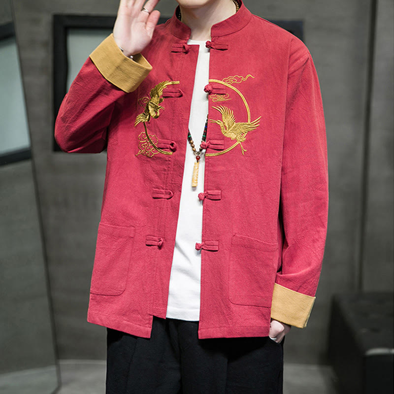 Buddha Stones Embroidered Cranes Auspicious Clouds Frog-Button Long Sleeve Cotton Linen Men's Shirt