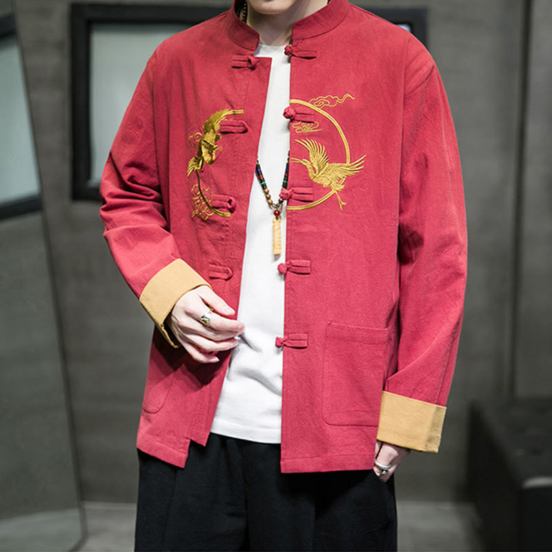 Buddha Stones Embroidered Cranes Auspicious Clouds Frog-Button Long Sleeve Cotton Linen Men's Shirt