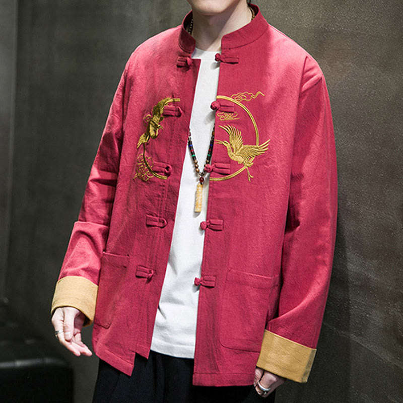 Buddha Stones Embroidered Cranes Auspicious Clouds Frog-Button Long Sleeve Cotton Linen Men's Shirt