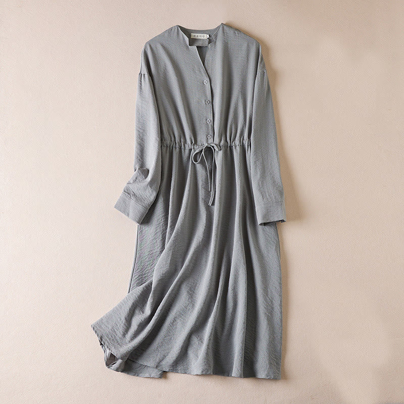 Buddha Stones Pure Color Notched Collar Drawstring Cotton Long Sleeve Midi Dress With Pockets