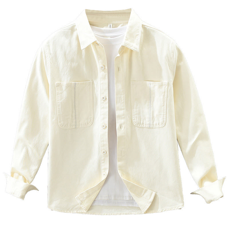 Buddha Stones Spring Commute Buttons Long Sleeve Shirt Men Cotton Clothing With Pockets