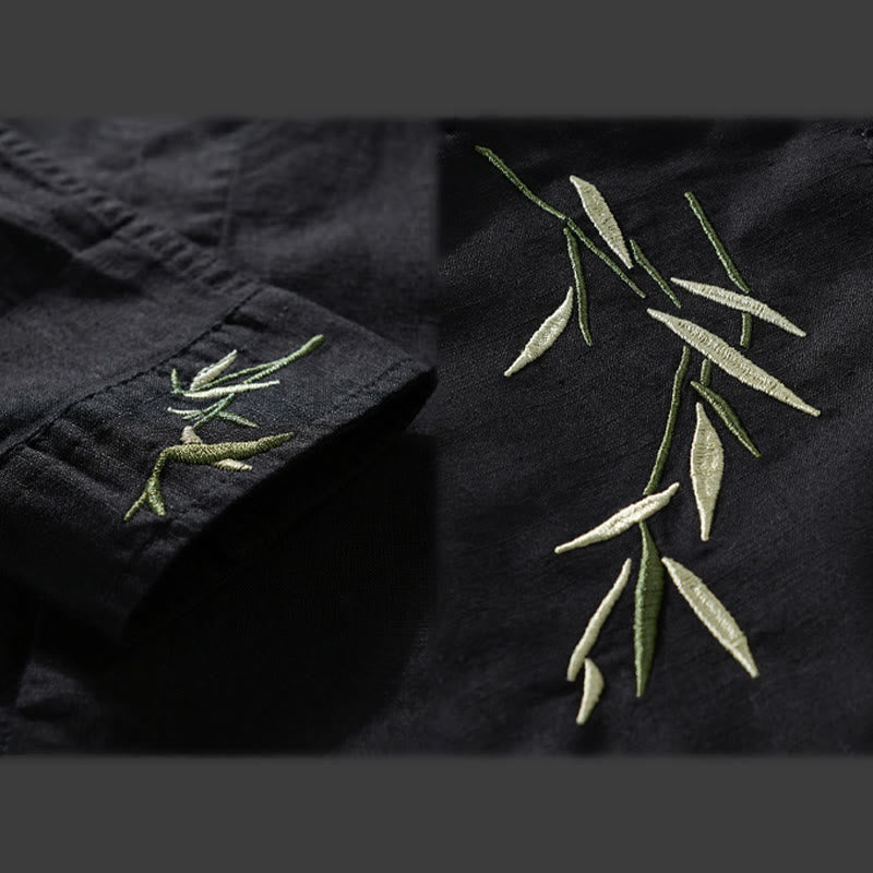 Buddha Stones Embroidery Leaves Pattern Men's Long Sleeve Cotton Linen Shirt