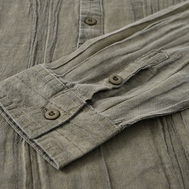 Buddha Stones Solid Long Sleeve Stand Collar Wrinkles Half Button Ramie Linen Men's Shirts