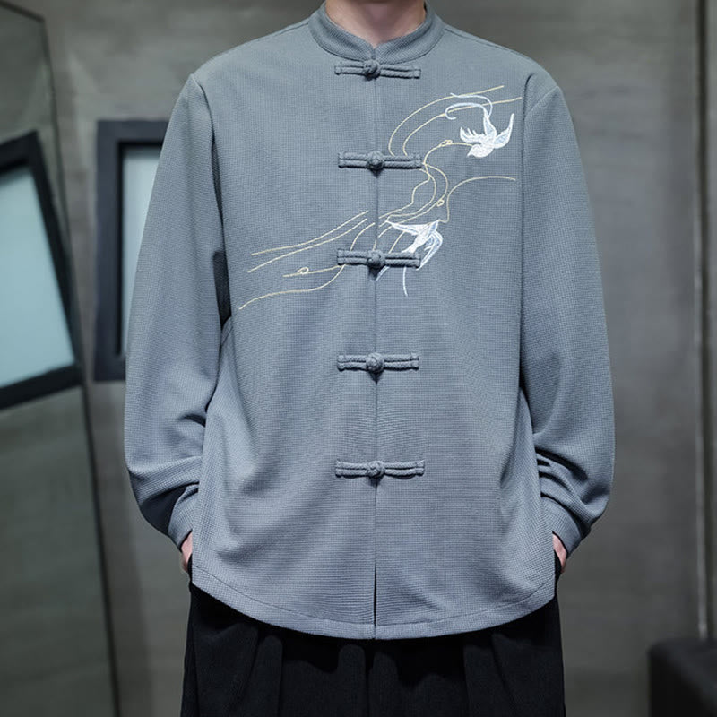 Buddha Stones Frog-Button Swallow Embroidery Stand Collar Long Sleeve Tang Suit Men's Shirt
