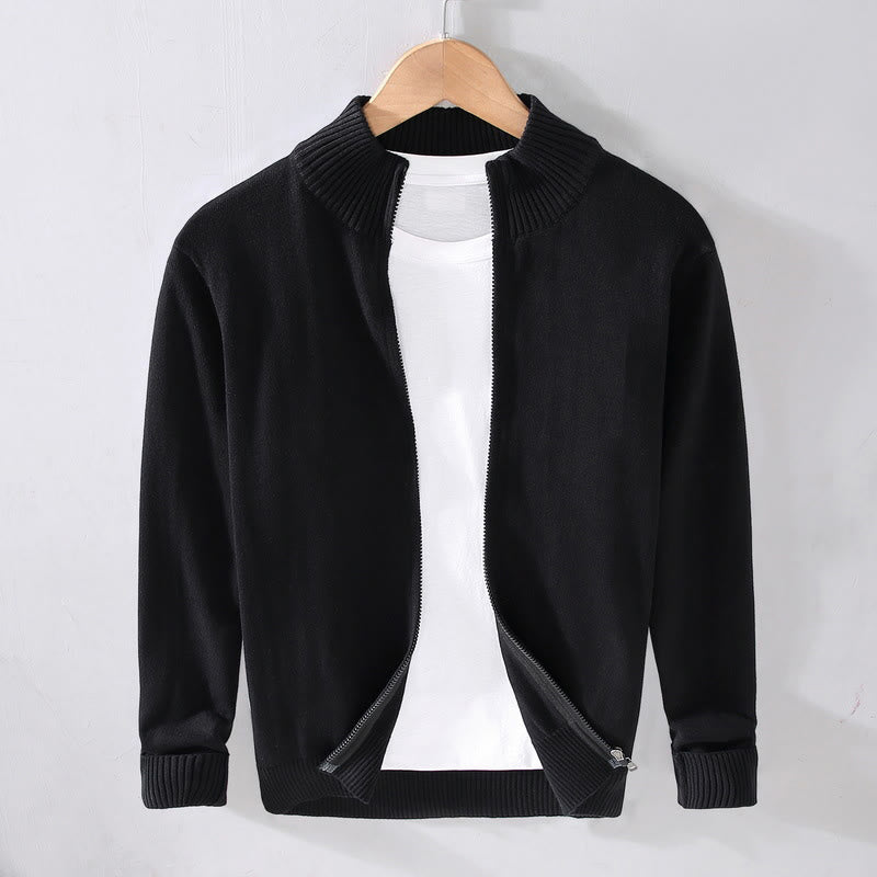 Buddha Stones Plain Zipper Ribbed Bottom Hem Design Men's Long Sleeve Cotton Jacket
