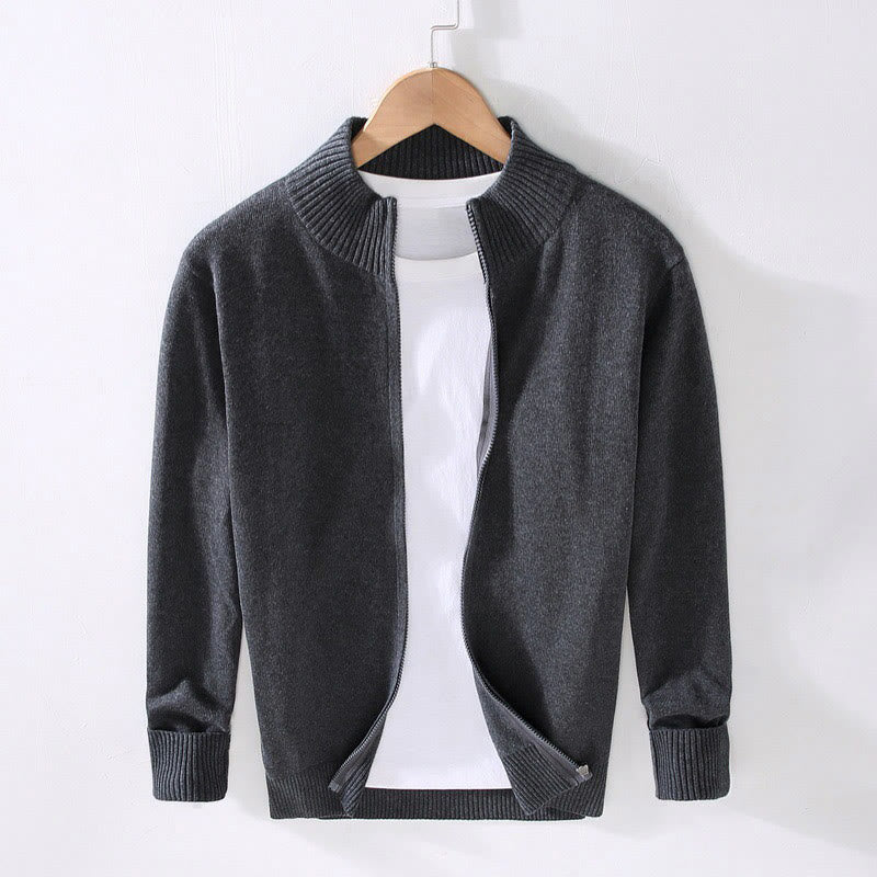 Buddha Stones Plain Zipper Ribbed Bottom Hem Design Men's Long Sleeve Cotton Jacket