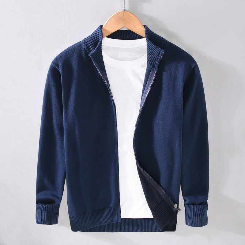 Buddha Stones Plain Zipper Ribbed Bottom Hem Design Men's Long Sleeve Cotton Jacket