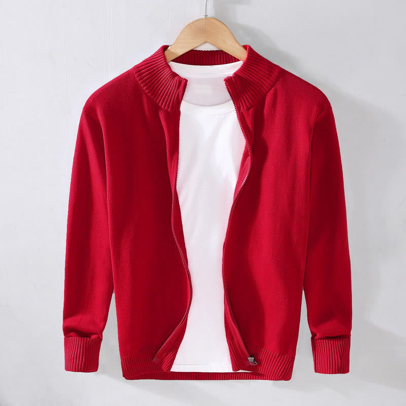 Buddha Stones Plain Zipper Ribbed Bottom Hem Design Men's Long Sleeve Cotton Jacket