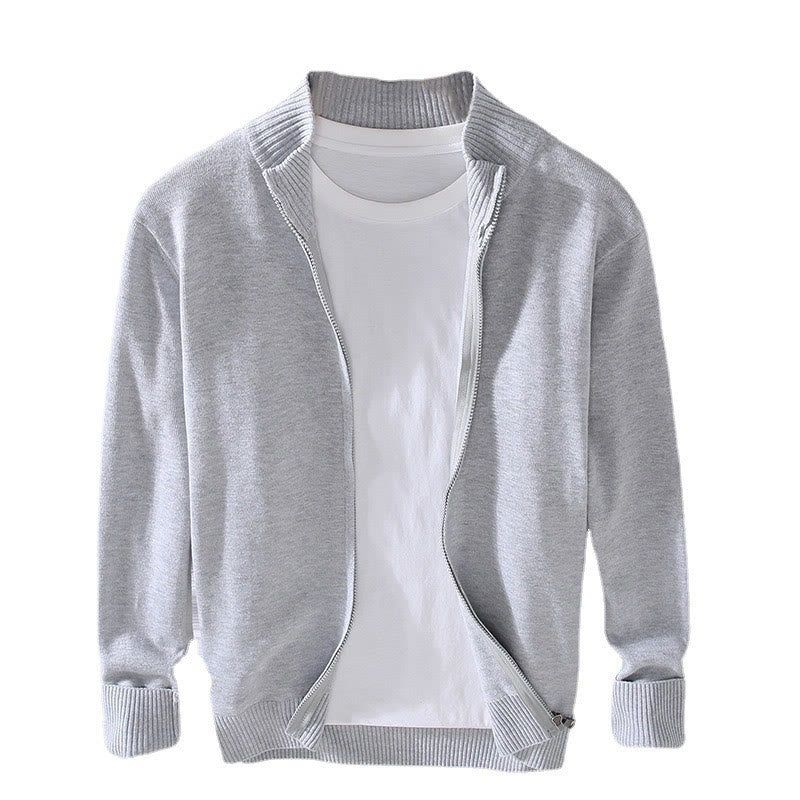 Buddha Stones Plain Zipper Ribbed Bottom Hem Design Men's Long Sleeve Cotton Jacket