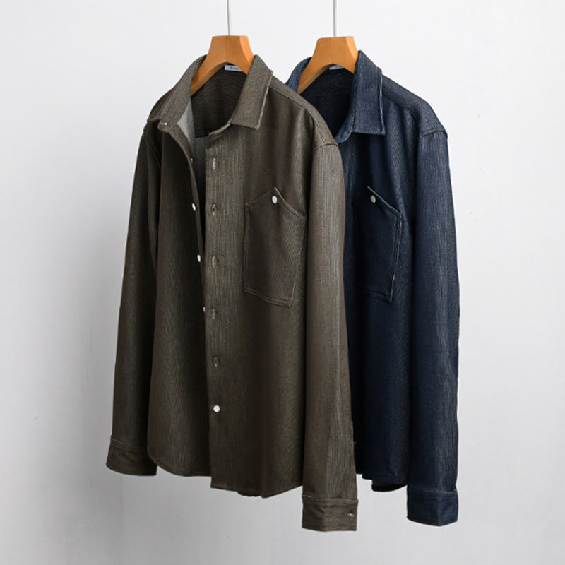 Buddha Stones Fall Pure Color Buttoned Detail Lapel Men's Long Sleeve Jacket