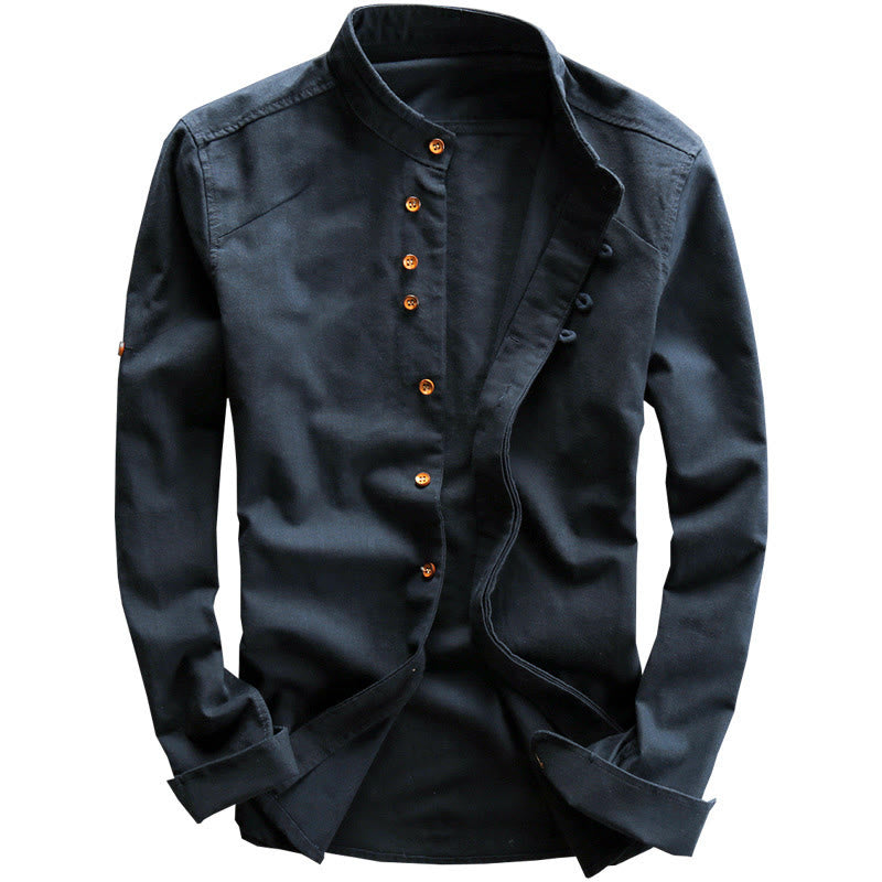 Buddha Stones Men's Slim Fit Design Stand Collar Crew Neck Long Sleeve Cotton Linen Shirt