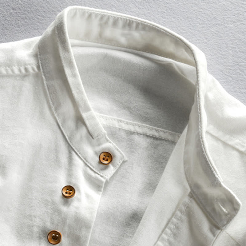 Buddha Stones Men's Slim Fit Design Stand Collar Crew Neck Long Sleeve Cotton Linen Shirt