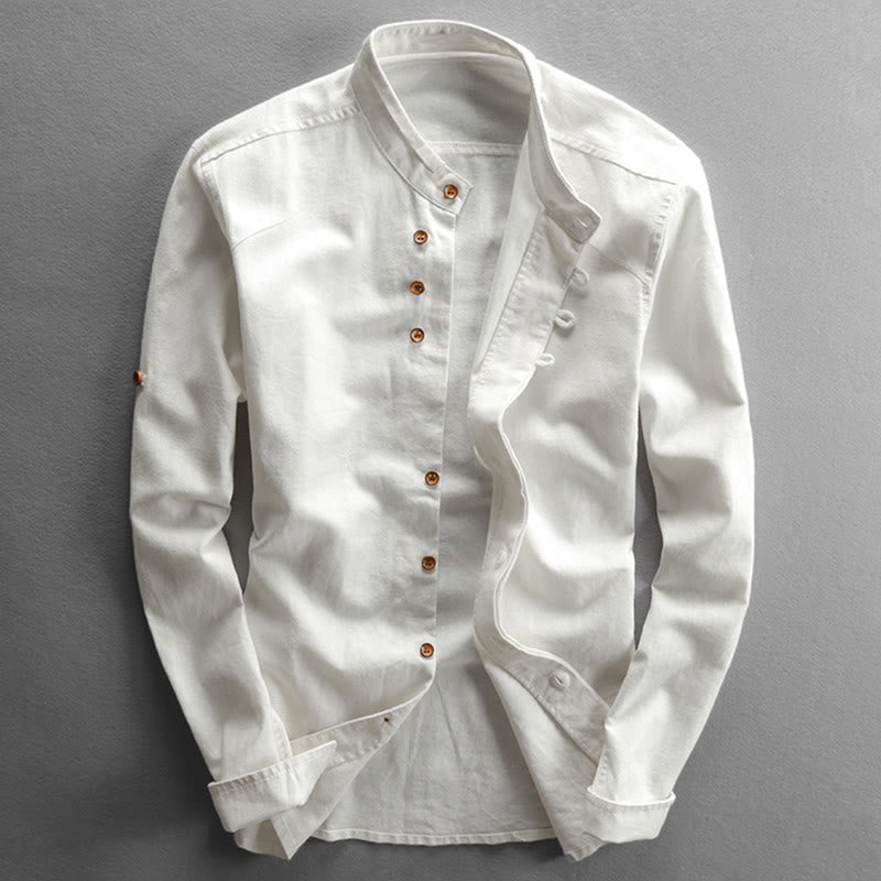 Buddha Stones Men's Slim Fit Design Stand Collar Crew Neck Long Sleeve Cotton Linen Shirt