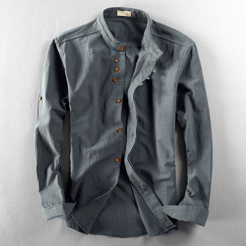 Buddha Stones Men's Slim Fit Design Stand Collar Crew Neck Long Sleeve Cotton Linen Shirt
