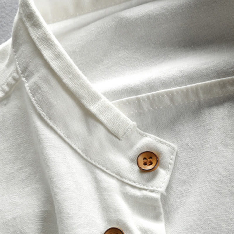 Buddha Stones Men's Slim Fit Design Stand Collar Crew Neck Long Sleeve Cotton Linen Shirt